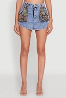 Womens Floral Jacquard High Waisted Denim Skort, Blue,