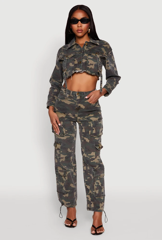 Womens Denim Camouflage Cargo Pocket Drawstring Joggers, Green,
