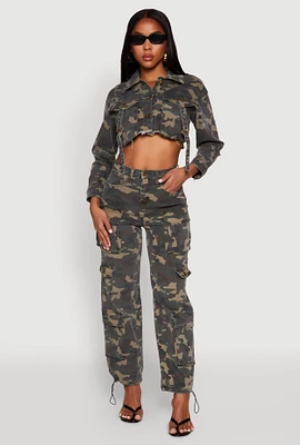 Womens Denim Camouflage Cargo Pocket Drawstring Joggers, Green,