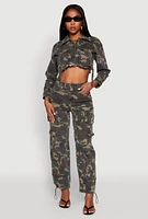 Womens Denim Camouflage Cargo Pocket Drawstring Joggers, Green,
