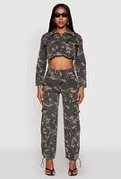 Womens Denim Camouflage Cargo Pocket Drawstring Joggers, Green,