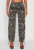 Womens Denim Camouflage Cargo Pocket Drawstring Joggers, Green,