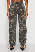 Womens Denim Camouflage Cargo Pocket Drawstring Joggers, Green,