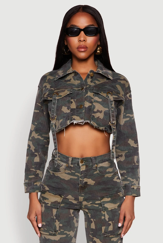 Womens Camouflage Cargo Pocket Jean Jacket, Green, Size M