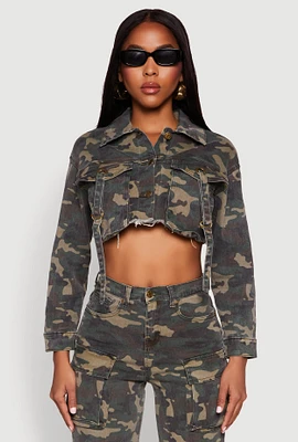 Womens Camouflage Cargo Pocket Jean Jacket, Green, Size M