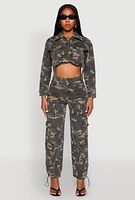 Womens Camouflage Cargo Pocket Jean Jacket, Green, Size M