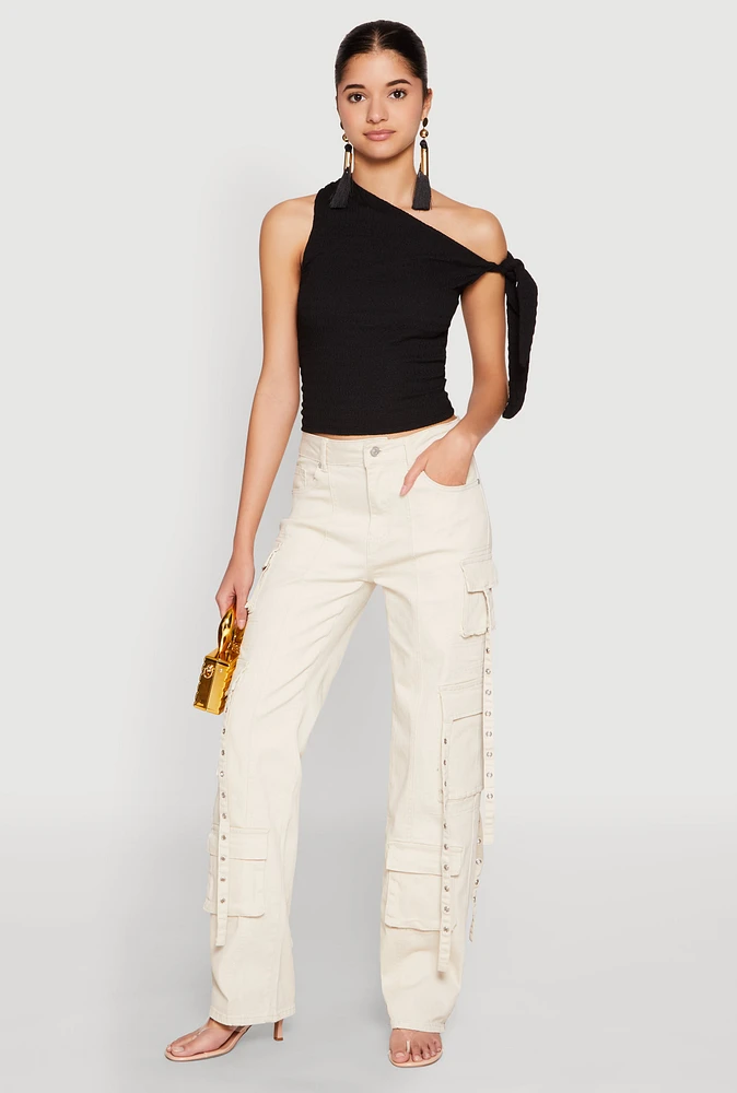 Womens Mineral Wash Pintuck Cargo Jeans,