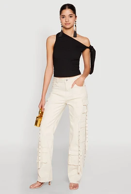 Womens Mineral Wash Pintuck Cargo Jeans,
