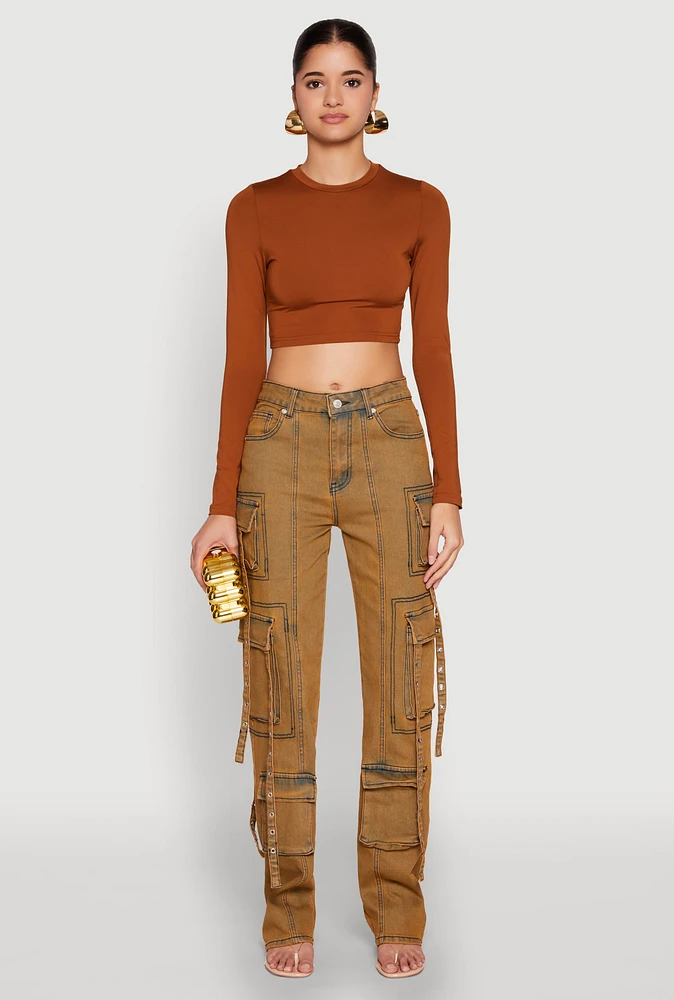 Womens Mineral Wash Pintuck Cargo Jeans, Orange, Size 5