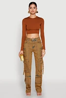Womens Mineral Wash Pintuck Cargo Jeans, Orange, Size 5