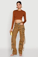 Womens Mineral Wash Pintuck Cargo Jeans, Orange, Size 5