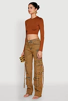 Womens Mineral Wash Pintuck Cargo Jeans, Orange, Size 5