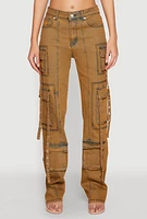 Womens Mineral Wash Pintuck Cargo Jeans, Orange, Size 5