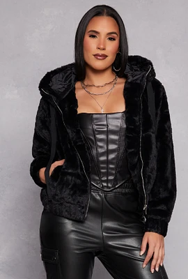 Womens Faux Fur Zip Front Hooded Jacket,