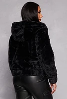 Womens Faux Fur Zip Front Hooded Jacket, Black,