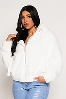 Womens Faux Fur Zip Front Hooded Jacket, White, Size M