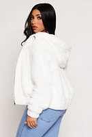 Womens Faux Fur Zip Front Hooded Jacket, White, Size S