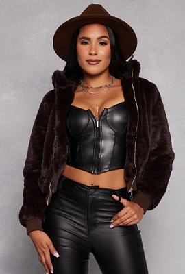 Womens Faux Fur Bomber Jacket, Brown, Size S