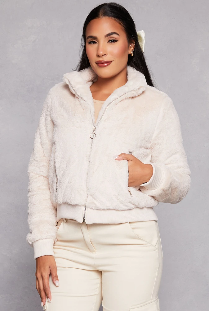 Womens Faux Fur Bomber Jacket, Beige, Size S