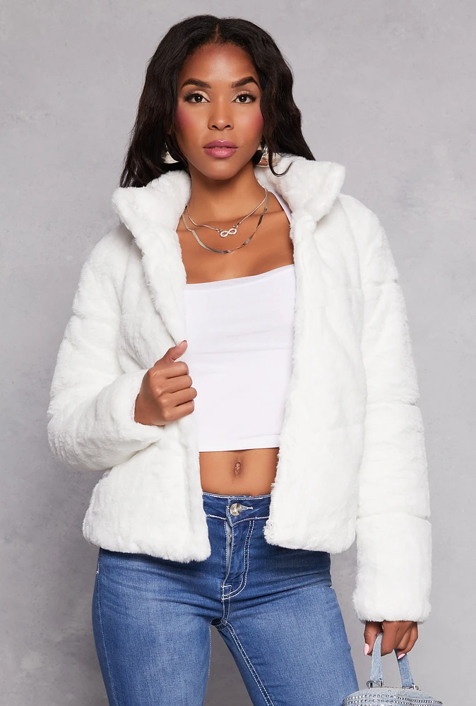 Womens Faux Fur Zip Front Jacket, White, Size S