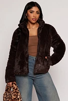 Womens Faux Fur Zip Front Jacket, Brown, Size M