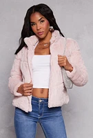 Womens Faux Fur Zip Front Jacket, Pink, Size L