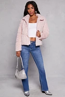 Womens Faux Fur Zip Front Jacket, Pink,