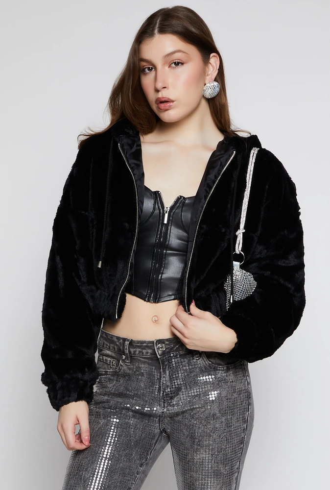 Womens Faux Fur Zip Front Hooded Cropped Jacket, Black, Size S