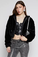 Womens Faux Fur Zip Front Hooded Cropped Jacket, Black, Size S