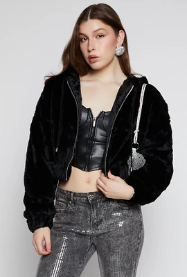 Womens Faux Fur Zip Front Hooded Cropped Jacket, Black, Size S