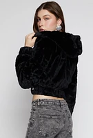 Womens Faux Fur Zip Front Hooded Cropped Jacket, Black, Size S