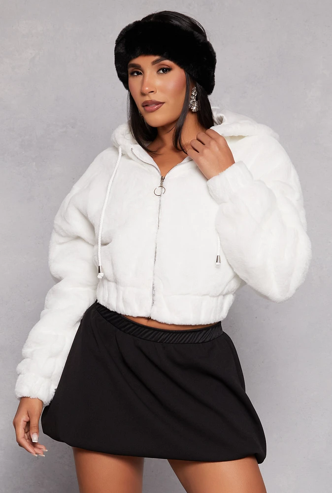 Womens Faux Fur Zip Front Hooded Cropped Jacket, White, Size M