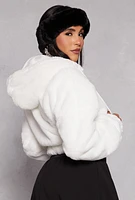 Womens Faux Fur Zip Front Hooded Cropped Jacket, White, Size M