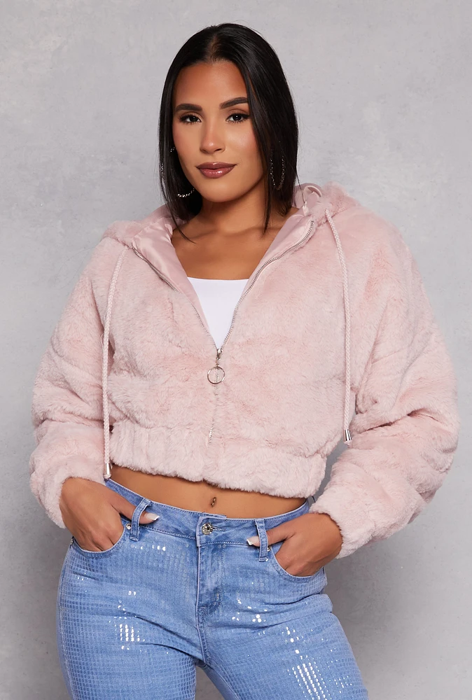 Womens Faux Fur Zip Front Hooded Cropped Jacket, Pink, Size S