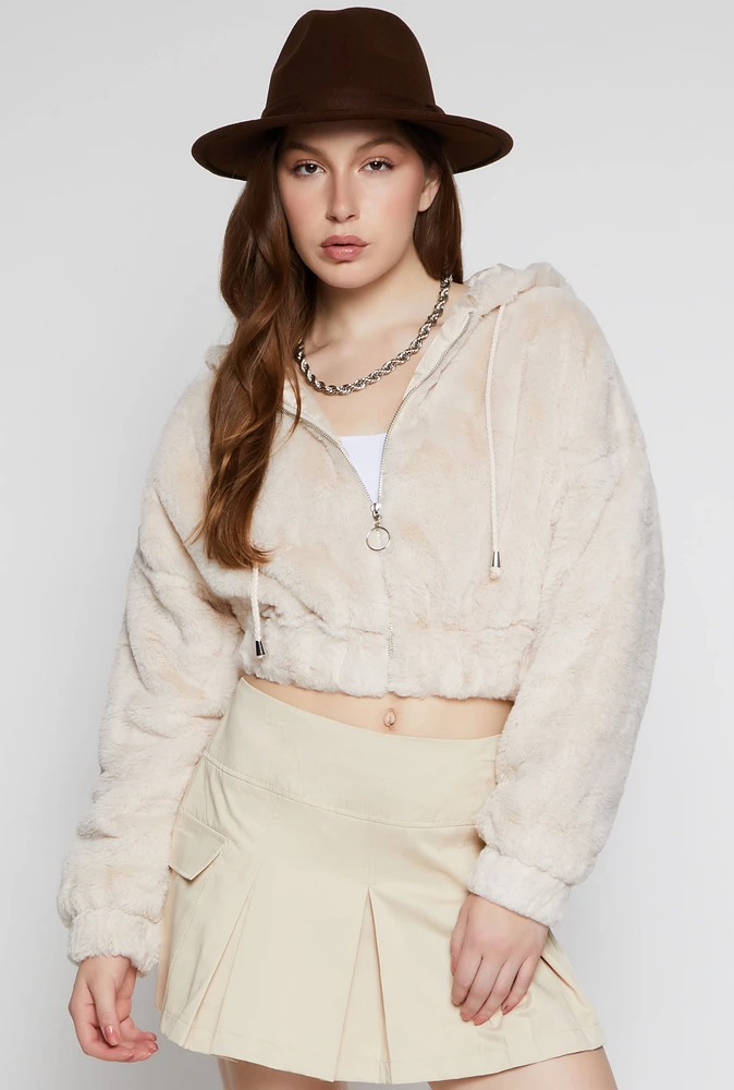 Womens Faux Fur Zip Front Hooded Cropped Jacket, Beige, Size L