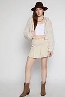 Womens Faux Fur Zip Front Hooded Cropped Jacket, Beige, Size L