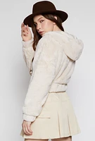 Womens Faux Fur Zip Front Hooded Cropped Jacket, Beige, Size L