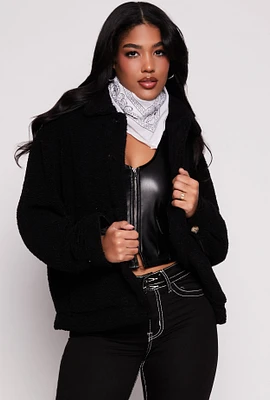 Womens Sherpa Teddy Shacket, Black, Size M