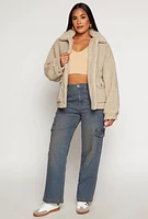 Womens Sherpa Teddy Shacket, Beige, Size S