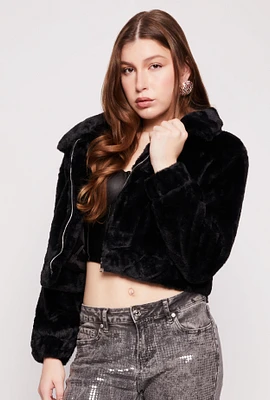 Womens Faux Fur Zip Front Cropped Jacket,