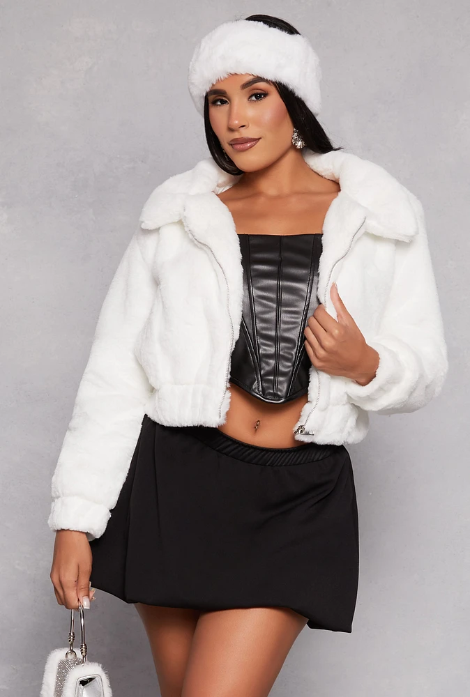 Womens Faux Fur Zip Front Cropped Jacket, White, Size M