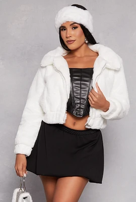 Womens Faux Fur Zip Front Cropped Jacket, White, Size M
