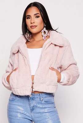 Womens Faux Fur Zip Front Cropped Jacket, Pink, Size L