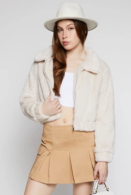 Womens Faux Fur Zip Front Cropped Jacket,