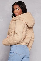 Womens Zip Front Hooded Puffer Jacket, Beige, Size L