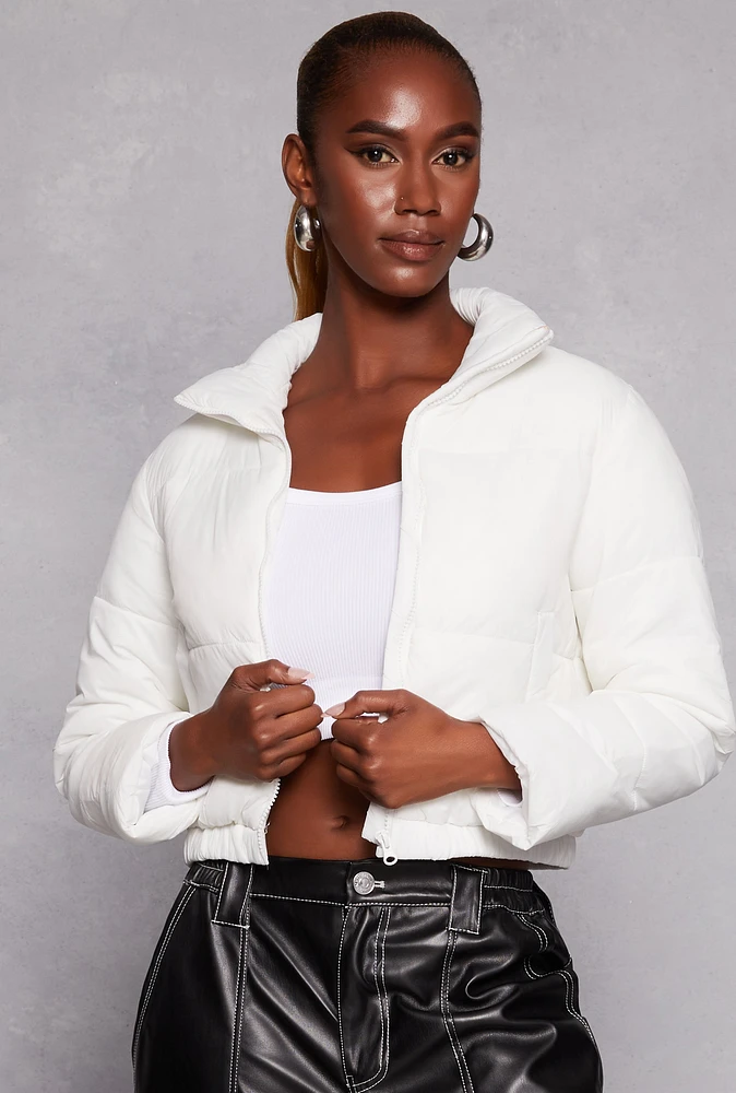 Womens Nylon Zip Front Cropped Puffer Jacket, White, Size M