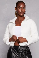 Womens Nylon Zip Front Cropped Puffer Jacket, White, Size M