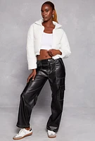 Womens Nylon Zip Front Cropped Puffer Jacket, White, Size M