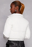Womens Nylon Zip Front Cropped Puffer Jacket, White, Size M