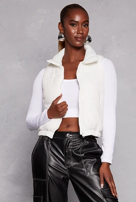 Womens Nylon Zip Front Puffer Vest, White, Size M